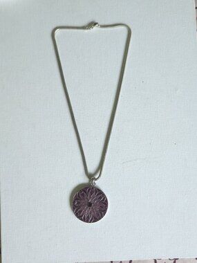 Vintage Silver Tone Purple Enamel Mandala Medallion Pendant Necklace Snake Chain